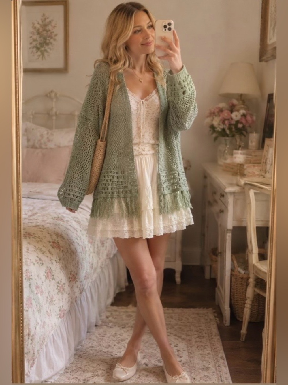 Audrey parks boho Lightweight Olive Green Crochet Fringe Cardigan Sweater L - Picture 13 of 14